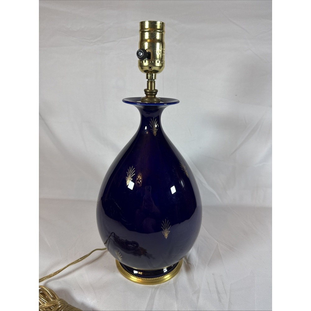 Vintage Crest Cobalt Blue Glass Table Lamp Gold Wheat Sprig Brass Base 2136